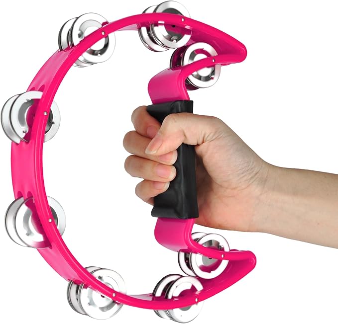 EastRock Tambourine,Metal Jingles Hand Held Percussion-Half Moon Tambourine for Kids, Adults, KTV, Party Pink