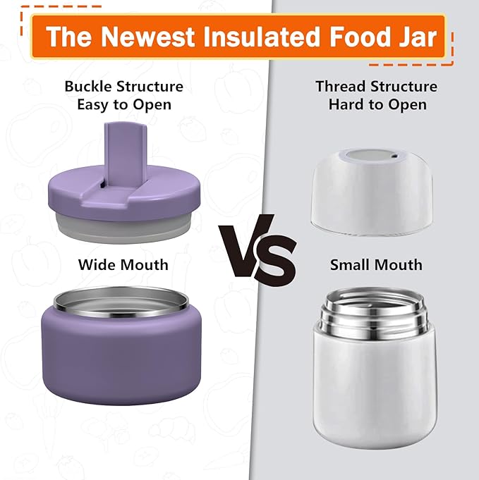 13.5oz Kids Thermos for Hot Food, Insulated Vacuum Food Jar with Buckle Lid, Stainless Steel Wide Mouth Leak Proof Insulated Lunch Container for School Picnic Travel,Purple