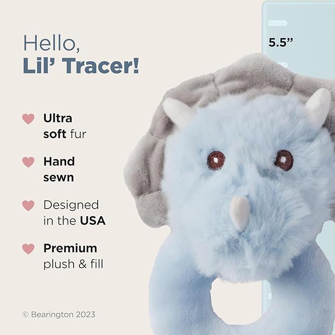 Bearington Collection Bearington Lil' Tracer Plush Stuffed Animal Dinosaur Soft Ring Rattle - 5.5 Inch - Dinosaur Rattle