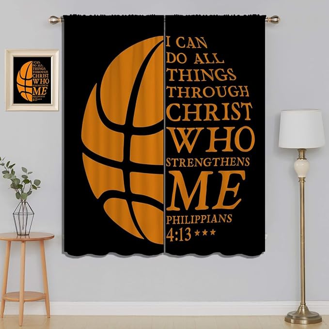 Basketball Blackout Curtains for Boy Girl Room Darkening Decor,Sport Theme and Motto Dark Background Bedroom Living Room Home Rod Pocket Thermal Insulated Window Curtain/Drapes Panel,84x63 Inch…