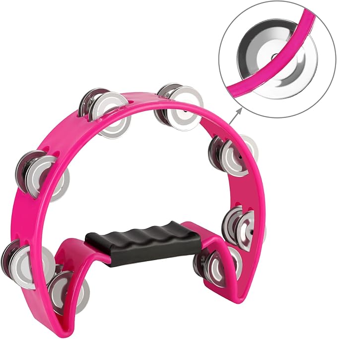 EastRock Tambourine,Metal Jingles Hand Held Percussion-Half Moon Tambourine for Kids, Adults, KTV, Party Pink