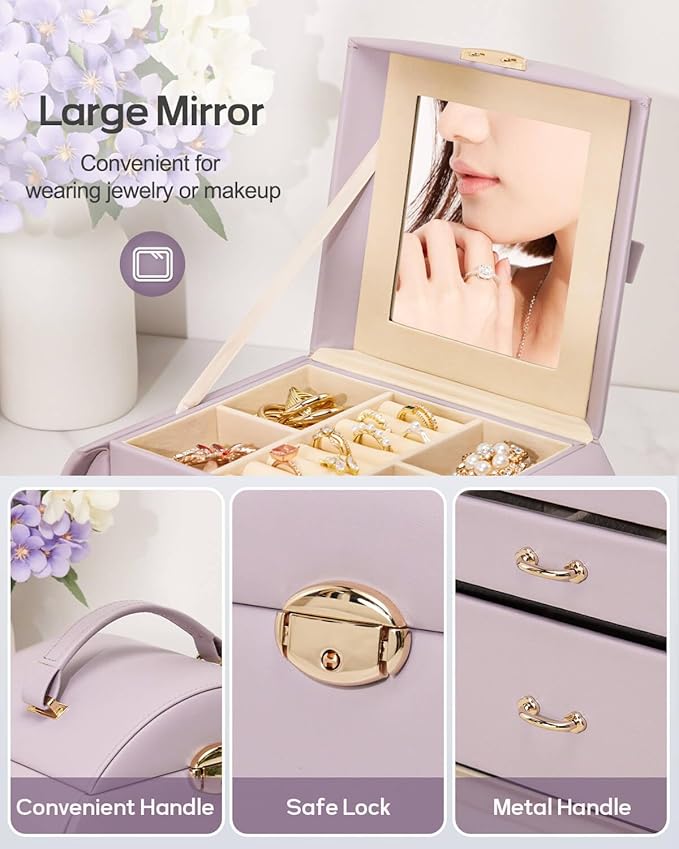 Homde Girls Jewelry Box Jewelry Storage Case Organizer Faux Leather with Mirror for Rings, Earrings, Bracelets, Necklaces (Grey Purple)