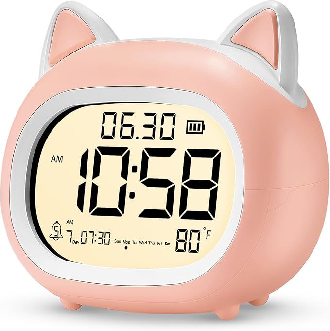 Kids Alarm Clock with Night Light for Kids, Small Digital Alarm Clocks for Bedrooms, Routine Builder, Cute Cat Alarm Clock with Sleep Training, Snooze, 12/24H, Date & Day, Temperature, USB Port