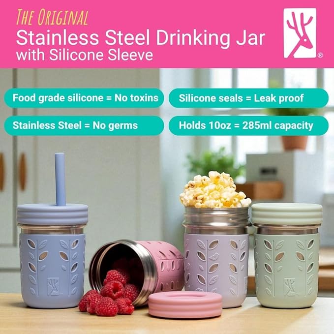 Elk and Friends 14oz Stainless Steel Kids + Toddler Drinking Cups | The Original Mason Jars with Lids + Sleeves + Straws | Smoothie Cups | Spill Resistant | Dishwasher Safe | 2 Pack