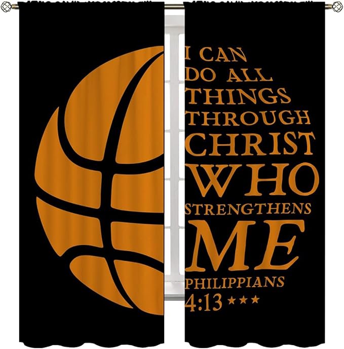 Basketball Blackout Curtains for Boy Girl Room Darkening Decor,Sport Theme and Motto Dark Background Bedroom Living Room Home Rod Pocket Thermal Insulated Window Curtain/Drapes Panel,55x63 Inch…
