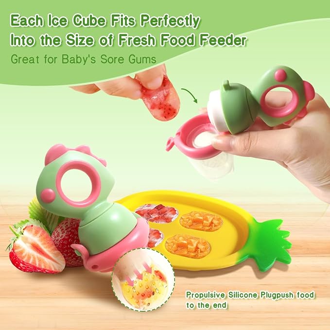 Baby Fruit Food Feeder - Silicone Nibble Tray Combo - Breastmilk Popsicle Mold for Cooling Relief, BPA Free Mesh Feeder for Infant Self Feeding (Dinosaur Green + Pineapple)