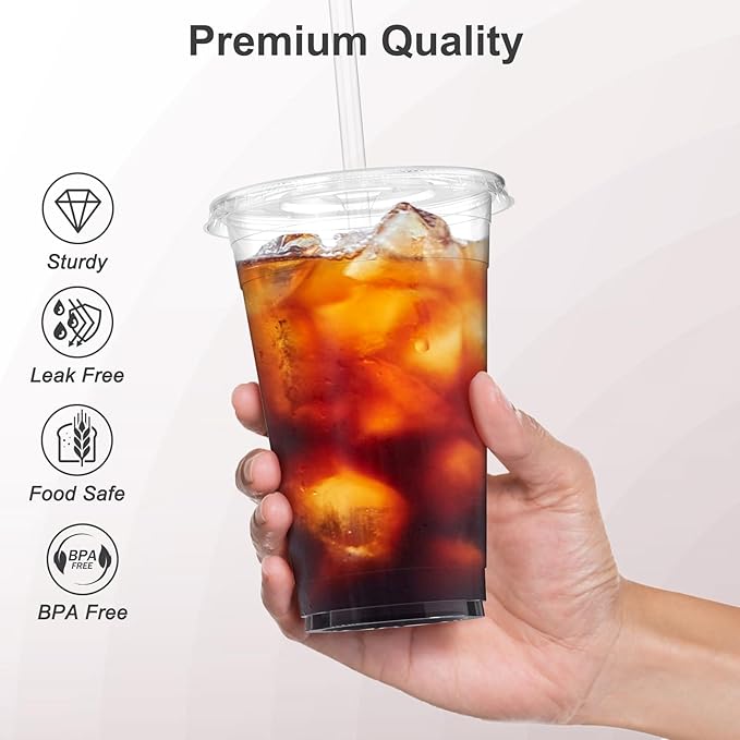 100 Pack - 24 oz Clear Plastic Cups with Lids and Straws, Sturdy & Food Safe Iced Coffee Cups with lids, Disposable Plastic Smoothie Cups for Cold Drinks