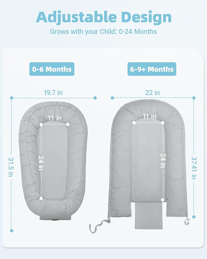 Baby Lounger for Newborn 0-24 Months, Breathable & Soft Infant Lounger, Adjustable Tummy Time Lounger for Home and Travel, Baby Girls & Boys Newborn Babies Essentials Stuff, Grey