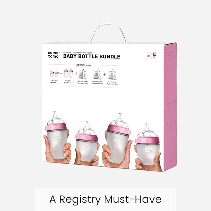 Comotomo Baby Bottle Bundle, Pink, (7 Piece Set)