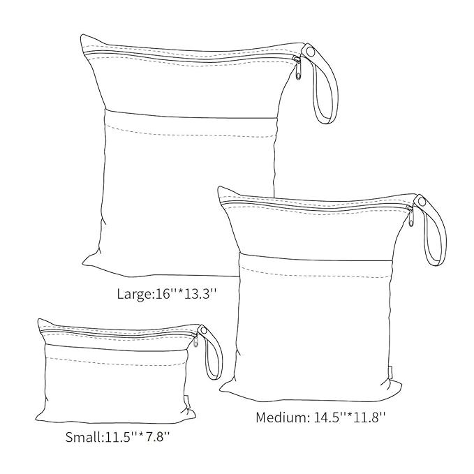 ALVABABY 3 Cloth Diaper Wet Dry Bags Waterproof Reusable with Two Zippered Pockets Travel Beach Pool Daycare Soiled Baby Items Yoga Gym Bag for Swimsuits or Wet Clothes Small medium Large 3L-SML05