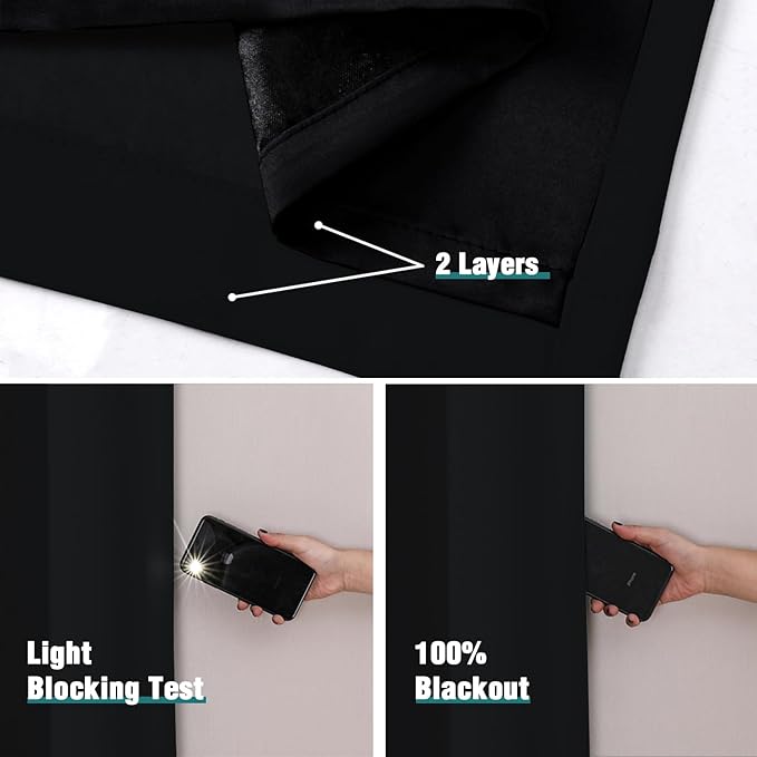 ChrisDowa 100% Blackout Curtains for Bedroom with Black Liner, 2 Thick Layers Total Blackout Thermal Insulated Grommet Window Curtains 2 Panels Set (Black, 52 x 63 Inch)