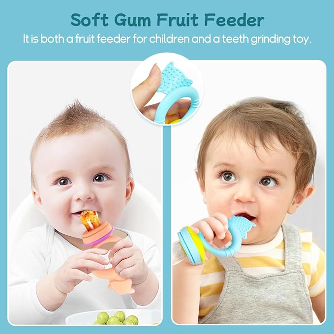Baby Solids/Frozen Fruit Feeder Pacifier, Infant Teether Toy 4M+, BPA-Free Silicone Pouch & Nipple, Safely Introduce Solids, Teething Relief, 2-Pack (Dolphin - Blue Pink)