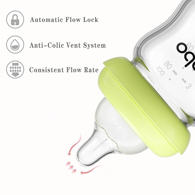 YOHKOH Natural Glass Baby Bottle with Natural Response Nipple, Newborn Anti-Colic Baby Bottles, Wide Neck Mushroom Cap Baby Bottle, Clear (Green, 3.4oz (Pack of 2))