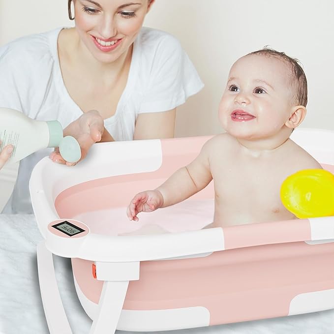 Collapsible Baby Bathtub,Baby Bath Tub with Soft Cushion & Thermometer,Baby Bathtub Newborn to Toddler 0-36 Months,Portable Travel Baby Tub
