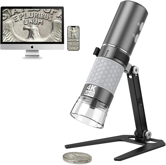 4K 3840x2160p WiFi Digital Microscope for iPhone Android Phone and Windows Mac PC, Wireless Handheld Microscope Camera, Portable Microscope with Metal Stand for Adults and Kids