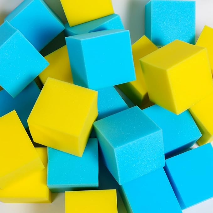 Foam Pit Cubes, 24 PCS 5 Inches Gymnastics Foam Blocks Trampoline Blocks, Multi-Sport Protective Padding for Freerunning, Trampoline, Parkour, Skate Parks & BMX - Blue & Yellow