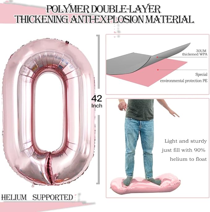 GOER Rose Gold Foil Balloons Number 0 for 10th 20th 30th 40th 50th 60th 70th 80th 90th 100th Birthday Party Supplies Anniversary Decorations(3 pcs,42 inch,32 inc,16inch)