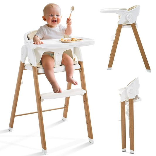 Convertible High Chairs for Babies & Toddlers. 5-in-1 Adjustable High Chair with Removable Tray, Easy to Clean, Portable (White Khaki)