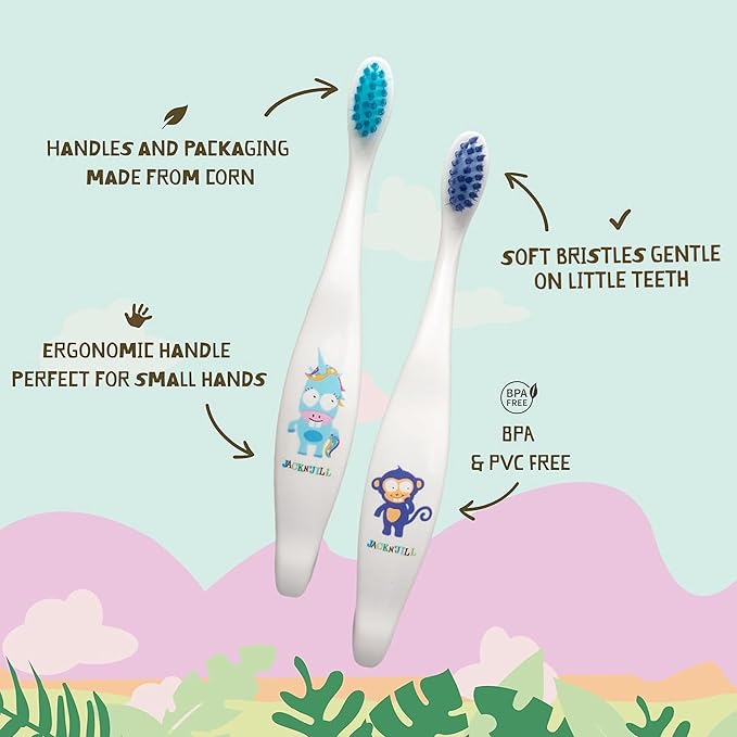 Jack N' Jill Kids Toothbrush - Extra Soft Bristle Toothbrush for Kids, Handle & Packaging Made from Plants (Corn), Ergonomic Handle for Little Hands - Dino Baby (1 Pack)