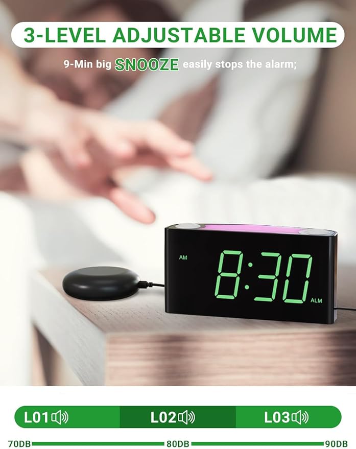 Extra Loud Vibrating Alarm Clock with Bed Shaker for Heavy Sleeper Deaf Hard of Hearing, Large LED Display Digital Clock for Bedroom,Dimmer,Night Light,USB Phone Charger,Battery Backup,Senior Teen Kid