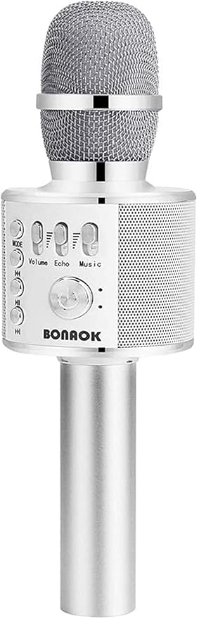 BONAOK Wireless Bluetooth Karaoke Microphone,3-in-1 Portable Handheld Mic Speaker for All Smartphones,Gifts for Kids Adults All Age Q37(Silver)