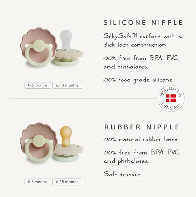 FRIGG Daisy SilkySoft Silicone Baby Pacifier | Made in Denmark | BPA-Free (Croissant/Portobello, 6-18 Months)