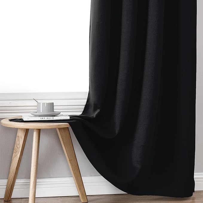 ChrisDowa 100% Blackout Curtains 80 inch Long for Bedroom with Black Liner, 2 Thick Layers Total Blackout Thermal Insulated Grommet Window Curtains 2 Panels Set (Black, 52 x 80 Inch)