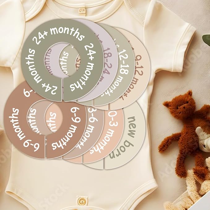 Baby Closet Dividers for Clothes – Earth Tone Round Baby Clothes Dividers for Closet Rod, Nursery Closet Organizer & Decor, Clear Labels for Easy Sorting, Fits Most Rods