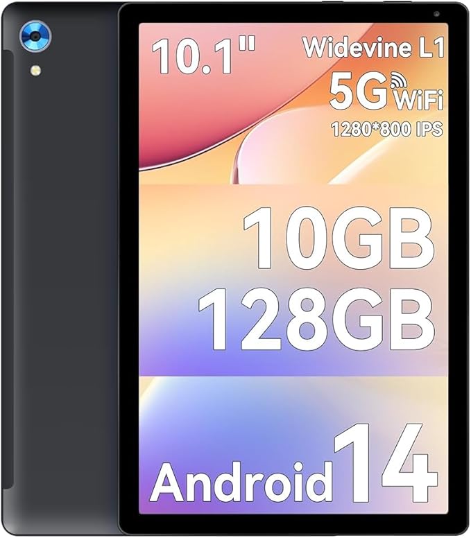 Android Tablet, 10.1 inch Tablets with 1280 * 800 IPS HD Touchscreen, Octa-Core Processor, 10(4+6) GB RAM 128GB ROM, 1TB TF Card Expandable, 5G/2.4G WiFi, BT 5.0,Dual Camera, 2025 US Version