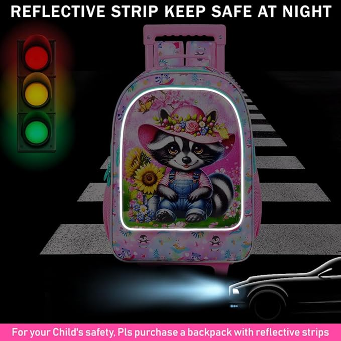 Girls Rolling Backpack, Cute Raccoon Roller Wheels Kids Bookbag - Wheeled Elementary School Bag - 3PCS Raccoon