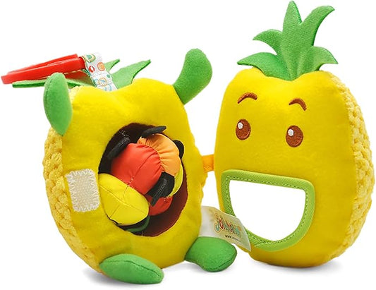 Jollybaby Newborn Plush Stuffed Fruit Rattle Toy for Stroller Car Seat Crib, Montessori Sensory Plush Pineapple Toy with Rattle and Mirro Toy for Baby 0-6-12 Month, Infant Baby Boy & Girl Shower Gift