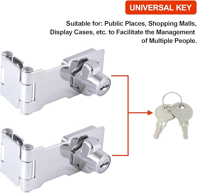 KIBBEH 1 Pack Door Lock Hasp Latchs, Collapsible Solid 304 Stainless Steel File Cabinet Lock Desk Drawer Lock, for 90 Degree and 180 Degree Drawers, Dabinets, Doors, Flip Barn Door (Universal Key)
