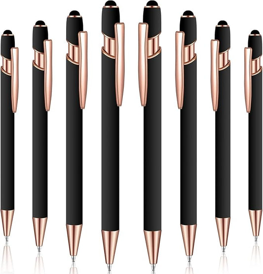 8 Pieces Ballpoint Pen with Stylus Tip Black Ink 2 in 1 Stylus Metal 1.0 mm Medium Point Smooth Pen Rainbow Colorful Rubberized Ballpoint for Touch Screen Tablet(Rose Gold, Black)