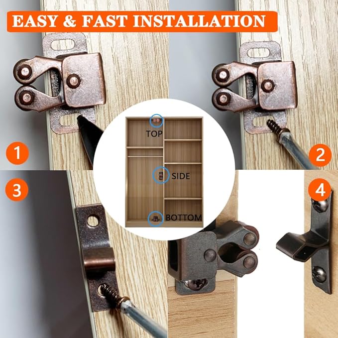 8 Pack Cabinet Latch Double Roller Catch for Cupboard Closet Cabinet Door Latches and Catches, Bronze
