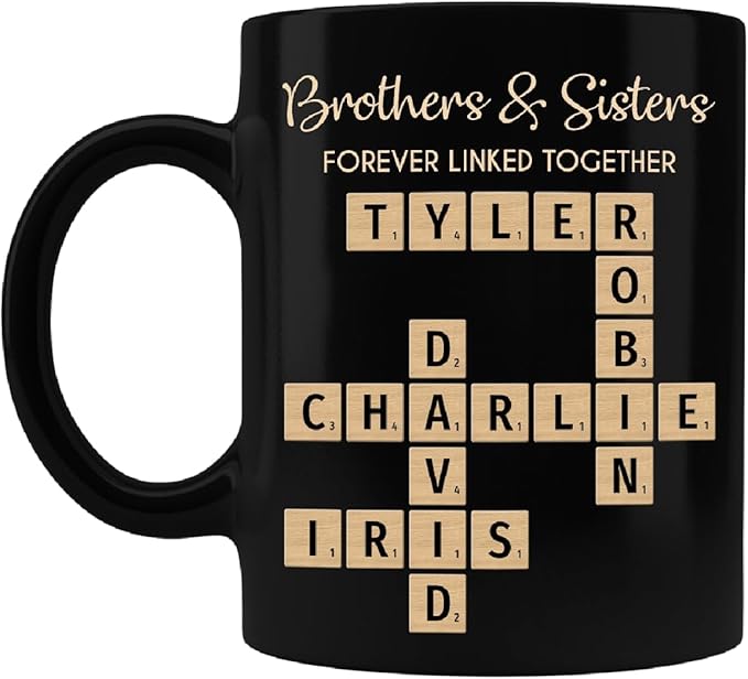 Family Puzzle Mug - Brothers & Sisters Forever Linked Together - Personalized For Family, Sister, Brother, Siblings - Scrabble Coffee Mug - Gifts For Christmas, Birthday, Anniversary