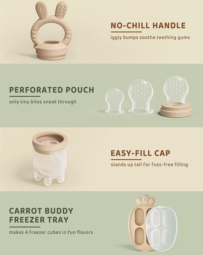 2 Packs Baby Fruit Feeder & Freezer Nibble Tray Combo, Push Pop Baby Food Feeder to Safely Introduce New Foods, Fresh & Frozen Food Silicone Feeder, 100% Food Grade, BPA Free (Caramel & Olive)