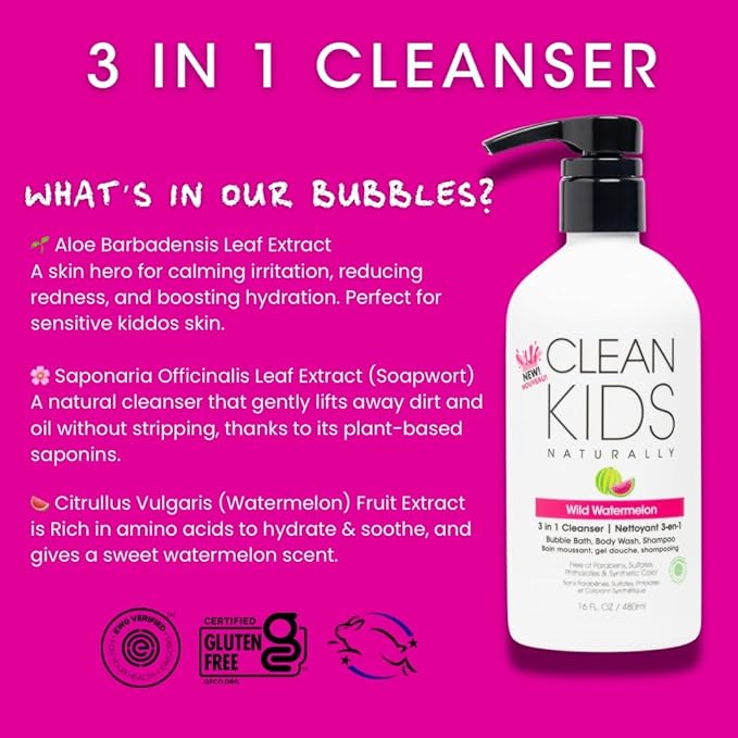 Gabriel Cosmetics Clean Kids Naturally Wild Watermelon 3-in-1 Shampoo, Cleanser & Bubble Bath (16 Fl Oz (1 Bottle), Watermelon 3-in-1)