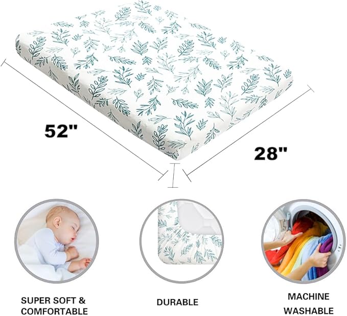4 Pack Sage Green Fitted Nursery Sheets Breathable Neutral Unisex Baby Sheets for Boys or Girls with Leaf and Flower Design Standard Crib Sheet (Green, Crib Sheet)
