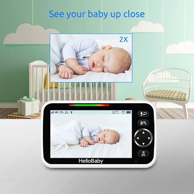 HelloBaby Upgrade 5’’ Baby Monitor with 30-Hour Battery, 2 Cameras Pan-Tilt-Zoom, 1000ft Range Video Audio Baby Monitor No WiFi, VOX, Night Vision, 2-Way Talk, 8 Lullabies and Temperature