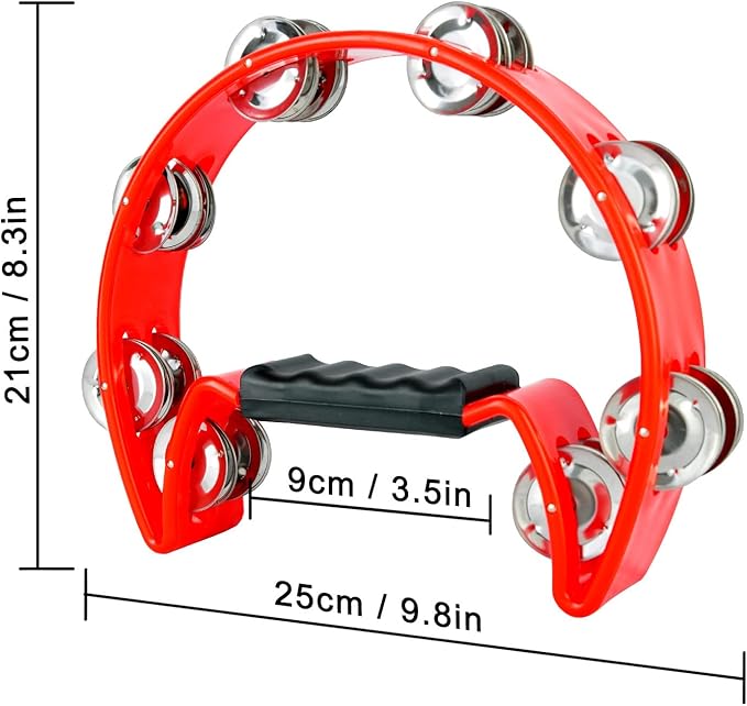 EastRock Tambourine Metal Jingles Hand Held Percussion Half Moon Tambourine for Kids, Adults, KTV, Party Red