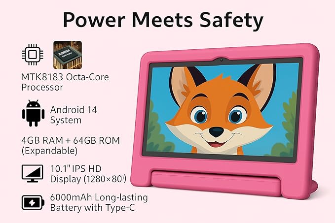 10.1" Kids Tablet Android 14 | 64GB Octa-Core 8GB RAM | Shockproof Case & Parental Control | 12H Fast Charge | HD Display w/Google Kids Space & Educational Apps | WiFi 6/Bluetooth/GPS | Ages 3-12