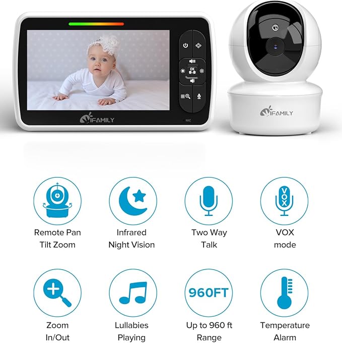 iFamily Baby Monitor - Large 5" Screen with 30Hrs Battery Life - Remote Pan-Tilt-Zoom;No WiFi, Two-Way Audio, Night Vision, Temperature, Lullabies, 960ft Long Range Baby Monitor with Camera and Audio
