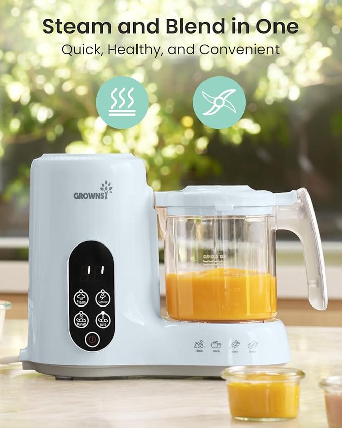 GROWNSY Baby Food Maker with Steam Basket, One Step Baby Food Processor Steamer Puree Blender Grinder Mills Machine, Auto Cooking Grinding and Sterili-zing for Healthy Homemade Baby Food, Blue