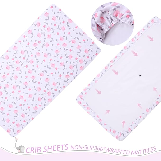 Cloele Elephant Crib Bedding Set for Girls - 3 Piece Baby Bedding Set Includes Comforter Fitted Sheet Crib Skirt - Pink Floral Standard Size Nursery Bedding Set Baby Crib Set for Girls