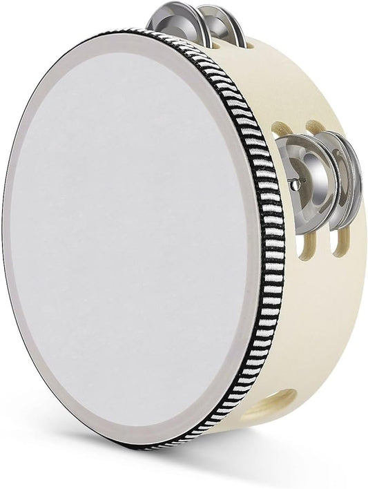 Flexzion Wood Handheld Tambourine Adults 6-Inch Double Row 8-Pair Jingles (Wood) - Percussion Round Tamborines Musical Instrument with Metal Zills