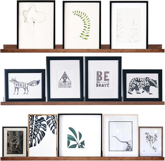 AZSKY Floating Wood Wall Shelves Light Walnut 48 Inch Long Hanging Picture Photo Ledge Shelf Rustic Modern Narrow Shelves for Wall Decor Storage and Display Nursery Book Shelves a Set of 3