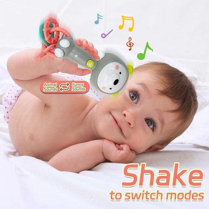 Baby Music Rattle, Teething Toys for Infants 6-12-18 Months Toddlers, Light-Up & Chew Sensory Toys for Baby Boy Girl Gifts (Grizzlies)