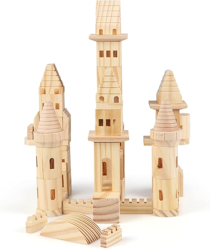 75 Pieces Wooden Castle Blocks Medieval Knights Princesses Wooden Castle Building Blocks Kit for Kids Boys and Girls