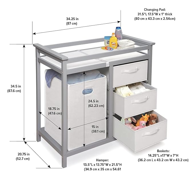 Badger Basket Modern Baby Changing Table - Nursery Furniture with Laundry Hamper and 3 Storage Drawers - Diaper Changing Station with Safety Belt, Changing Pad, Organizer Baskets - Cool Gray and White