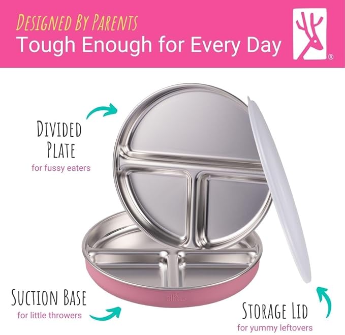 Elk and Friends Stainless Steel Divided Plates with Silicone Sleeve for Babies & Toddlers | Lids Included | Stay Put Suction | Dinner & Snack Plates | 2 Pack